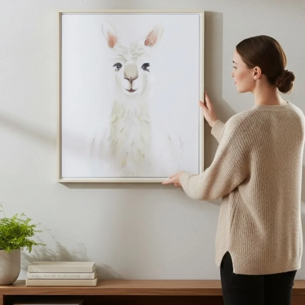 CosmoLiving Llama Framed Canvas Wall Art 24x28 White French Country Decor New‎